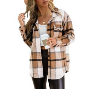 Womens Casual Plaid Shacket Button Shirt