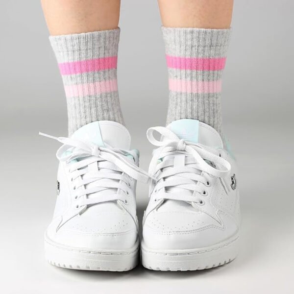 Pink And White Crew Socks for Girls - Retro Stripes and Hearts Design - Image 2