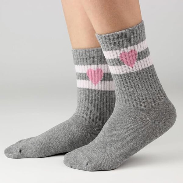 Pink And White Crew Socks for Girls - Retro Stripes and Hearts Design - Image 3